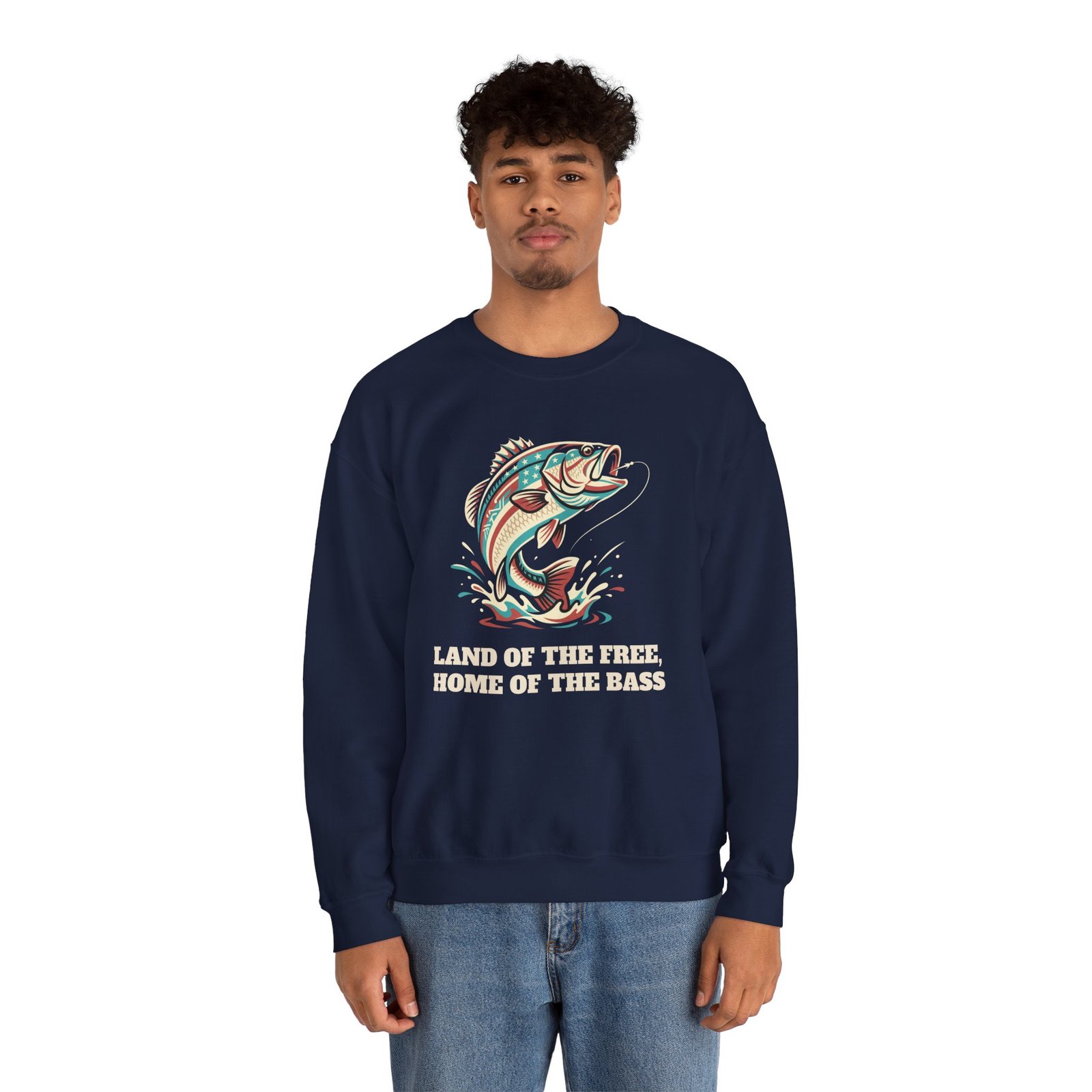 Land of the Free, Home of the Bass Crewneck Sweatshirt | Patriotic Fishing Gift - Image 12