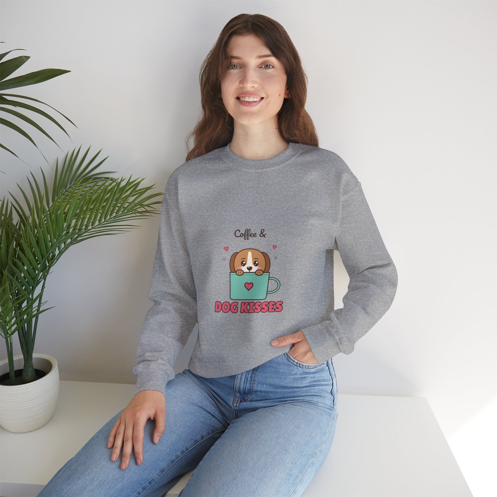 Coffee & Dog Kisses Crewneck Sweatshirt | Cute Dog Mom Gift for Coffee Lovers - Image 6
