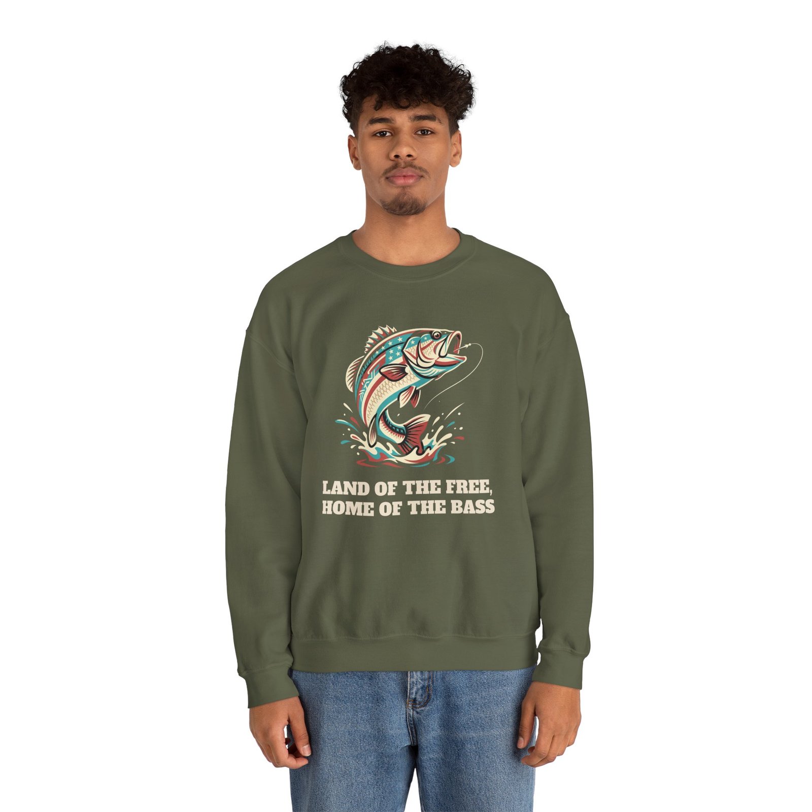 Land of the Free, Home of the Bass Crewneck Sweatshirt | Patriotic Fishing Gift - Image 8