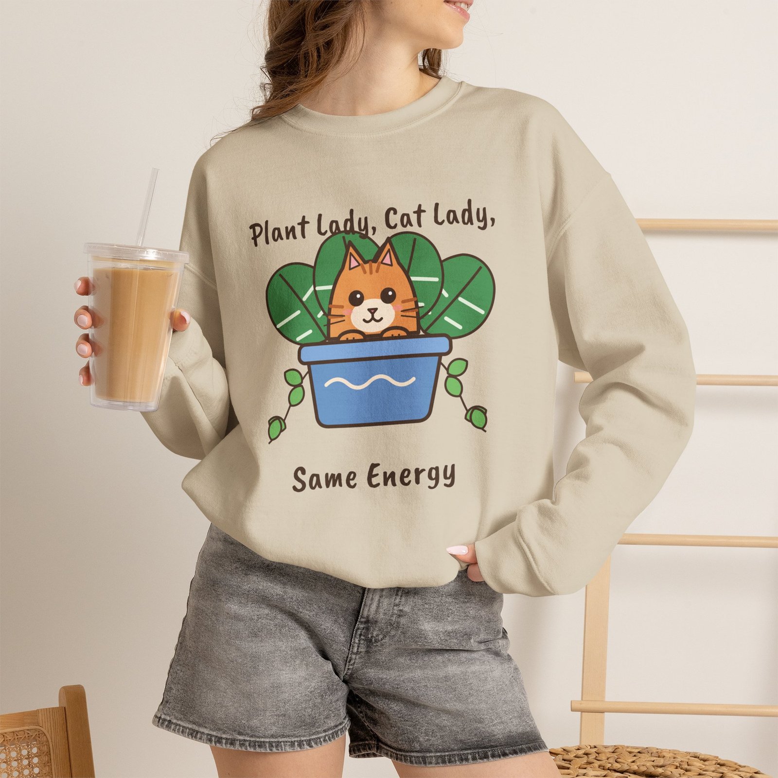 Plant Lady, Cat Lady, Same Energy Crewneck Sweatshirt | Cute Cat and Houseplant Gift - Image 6