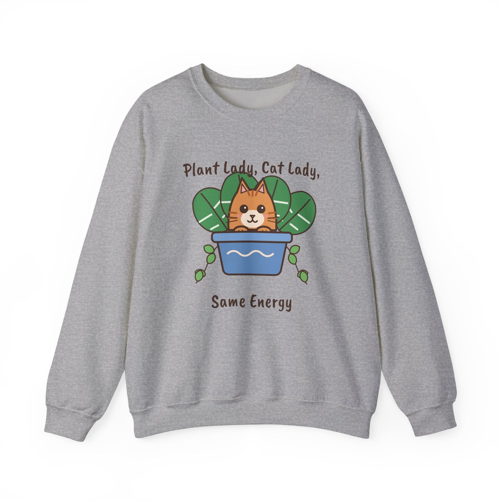 Plant Lady, Cat Lady, Same Energy Crewneck Sweatshirt | Cute Cat and Houseplant Gift - Image 7