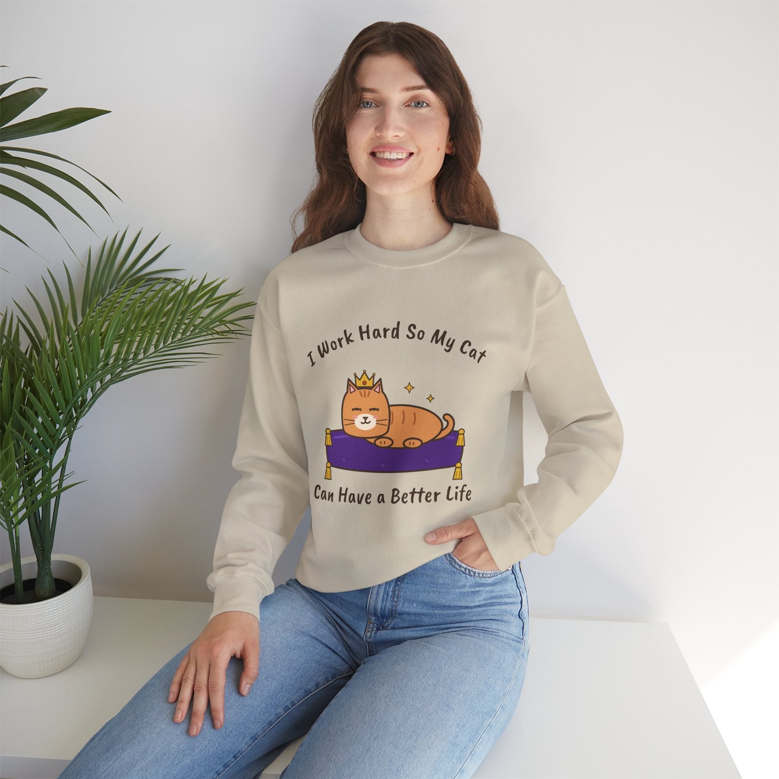 I Work Hard So My Cat Can Have a Better Life Crewneck Sweatshirt | Funny Cat Owner Gift - Image 8