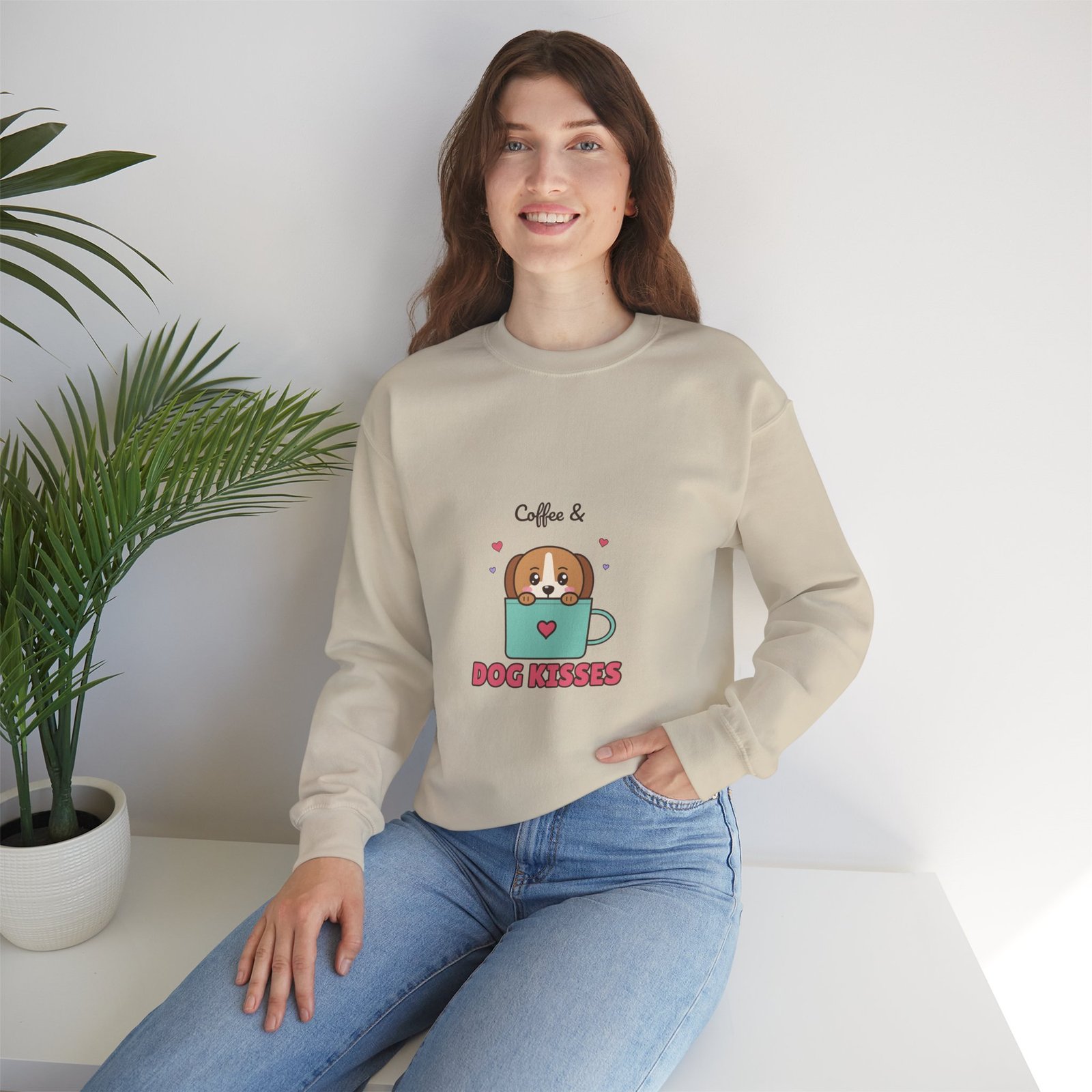 Coffee & Dog Kisses Crewneck Sweatshirt | Cute Dog Mom Gift for Coffee Lovers - Image 2