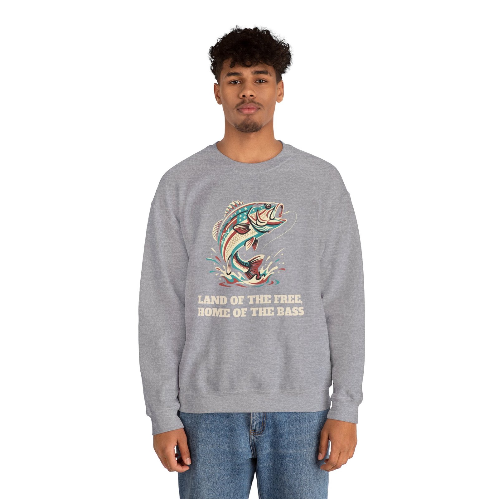 Land of the Free, Home of the Bass Crewneck Sweatshirt | Patriotic Fishing Gift - Image 4