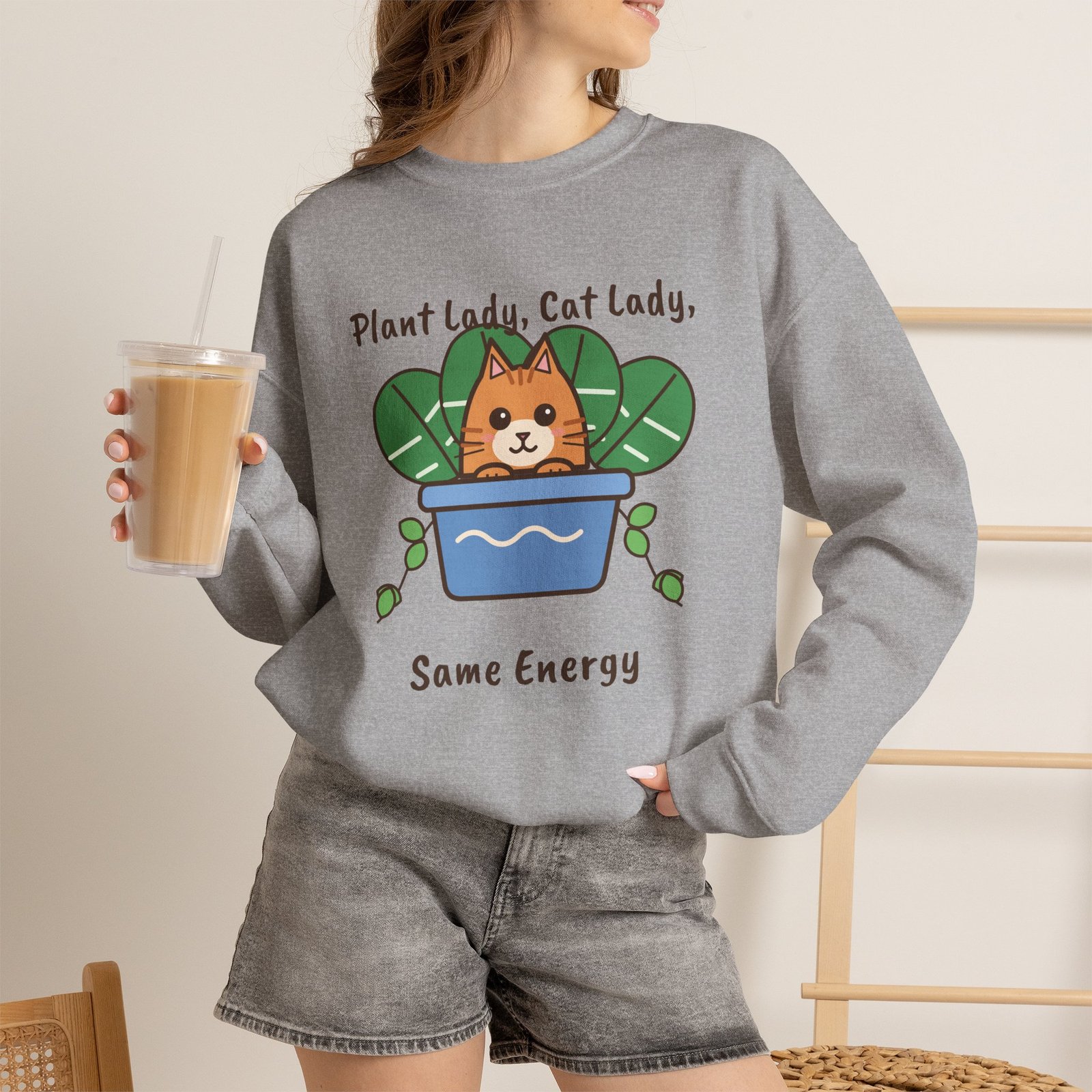 Plant Lady, Cat Lady, Same Energy Crewneck Sweatshirt | Cute Cat and Houseplant Gift - Image 8