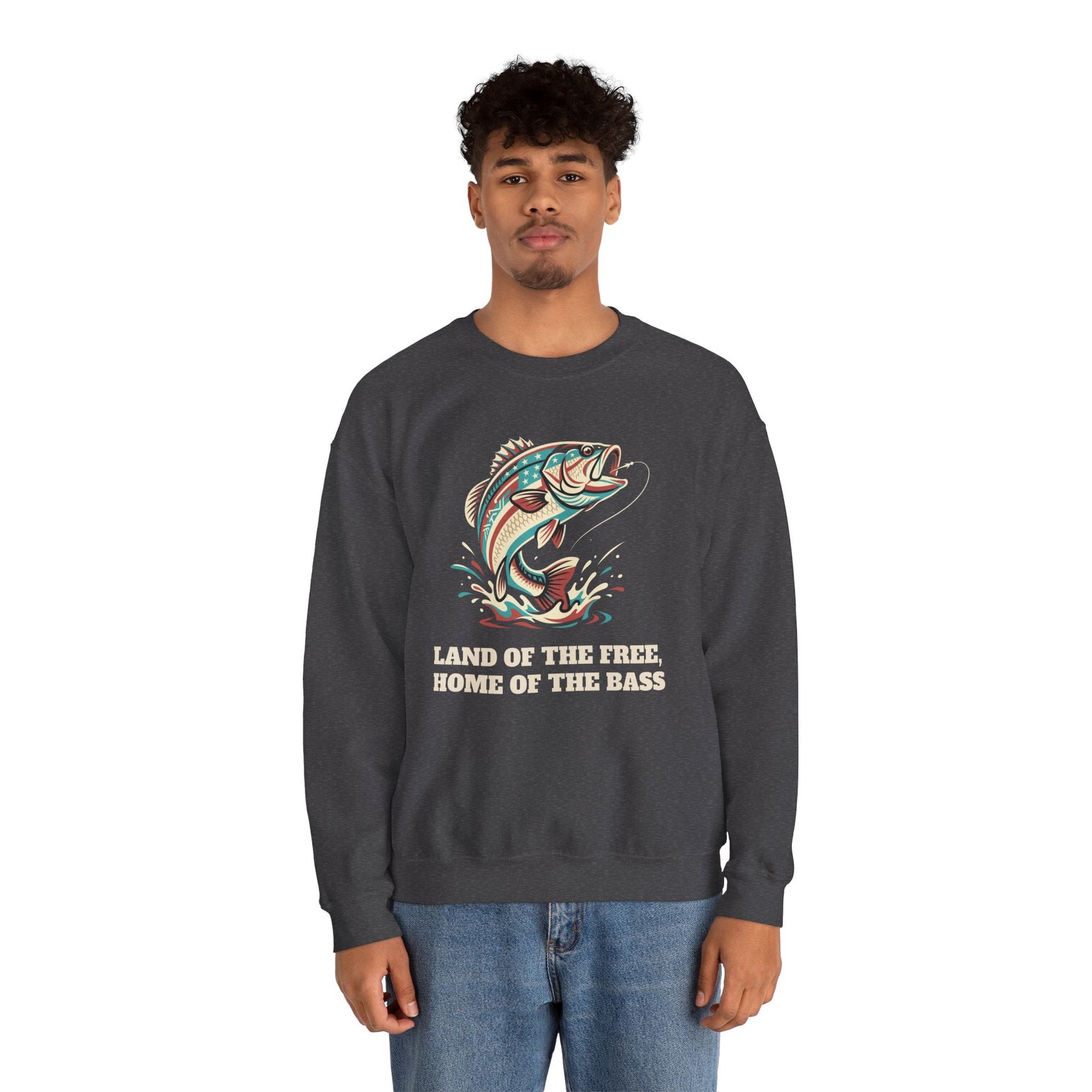 Land of the Free, Home of the Bass Crewneck Sweatshirt | Patriotic Fishing Gift - Image 10