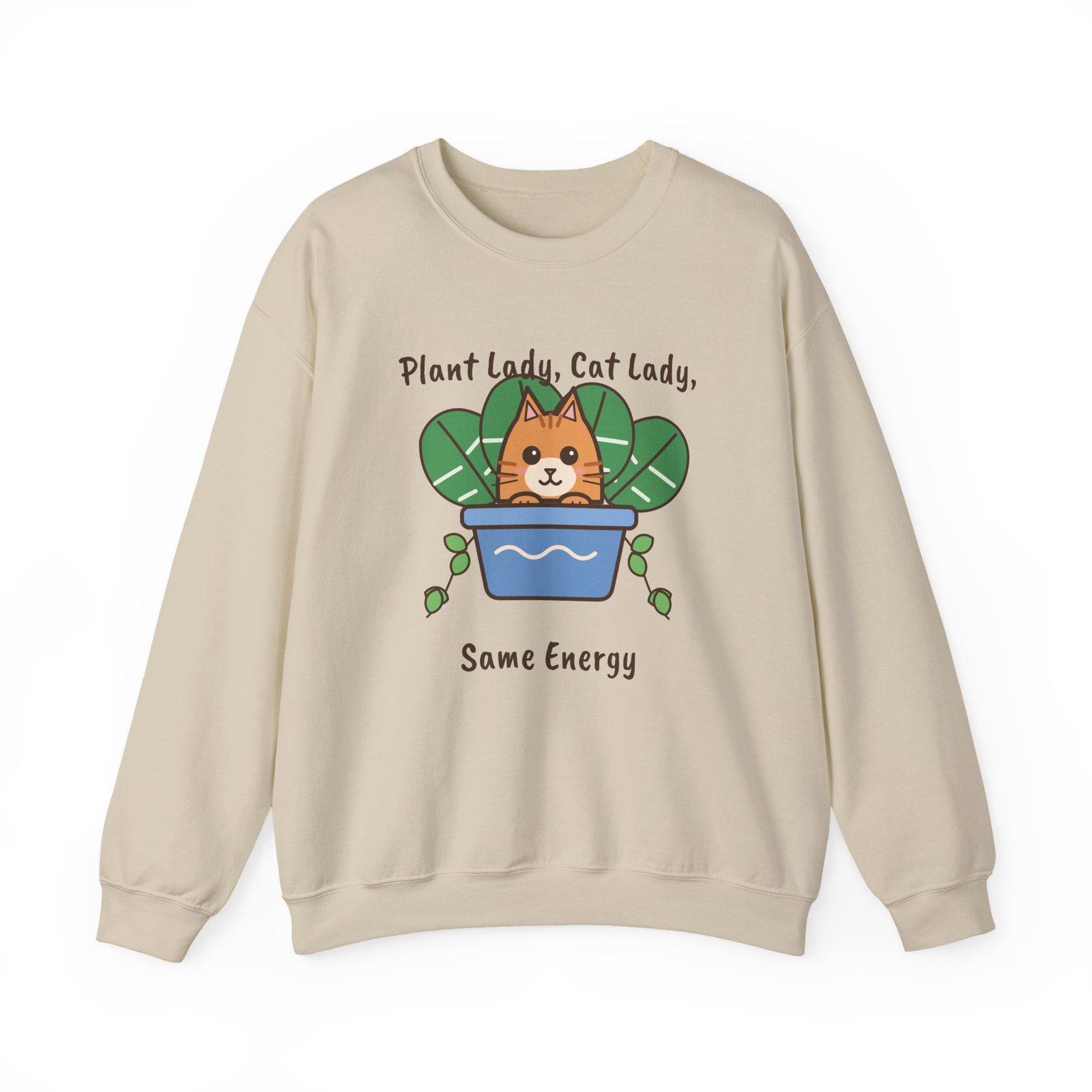 Plant Lady, Cat Lady, Same Energy Crewneck Sweatshirt | Cute Cat and Houseplant Gift - Image 5