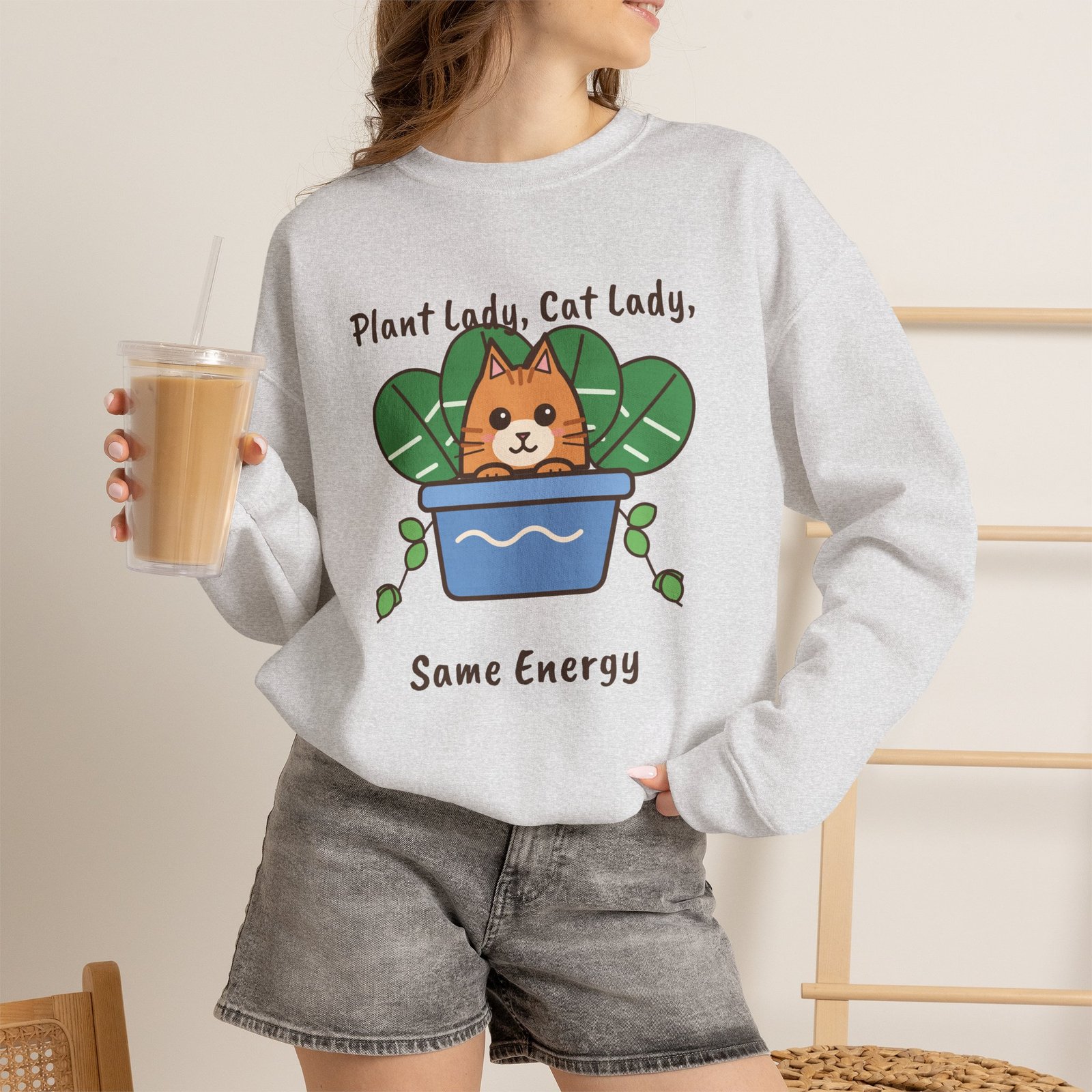 Plant Lady, Cat Lady, Same Energy Crewneck Sweatshirt | Cute Cat and Houseplant Gift - Image 4