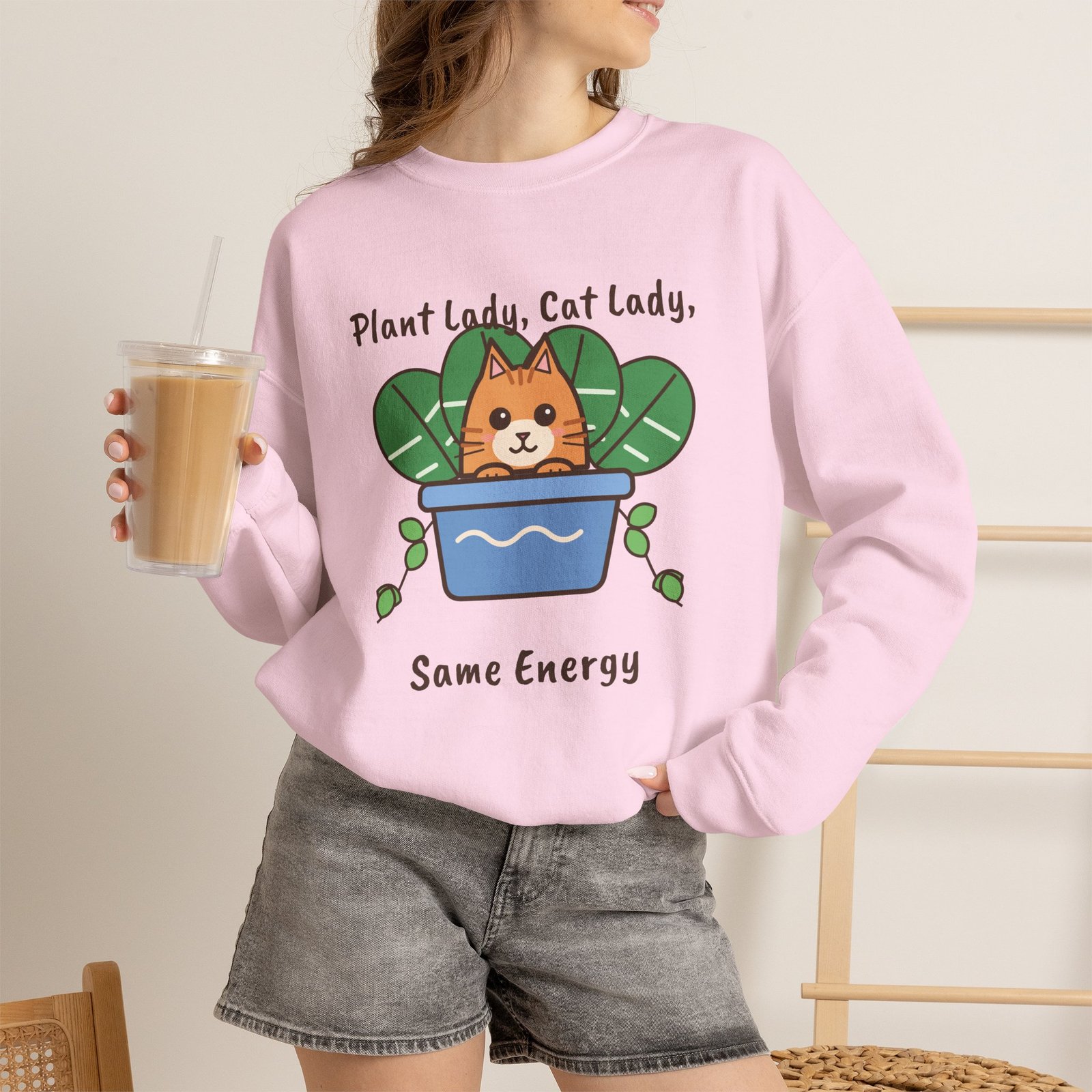 Plant Lady, Cat Lady, Same Energy Crewneck Sweatshirt | Cute Cat and Houseplant Gift - Image 12