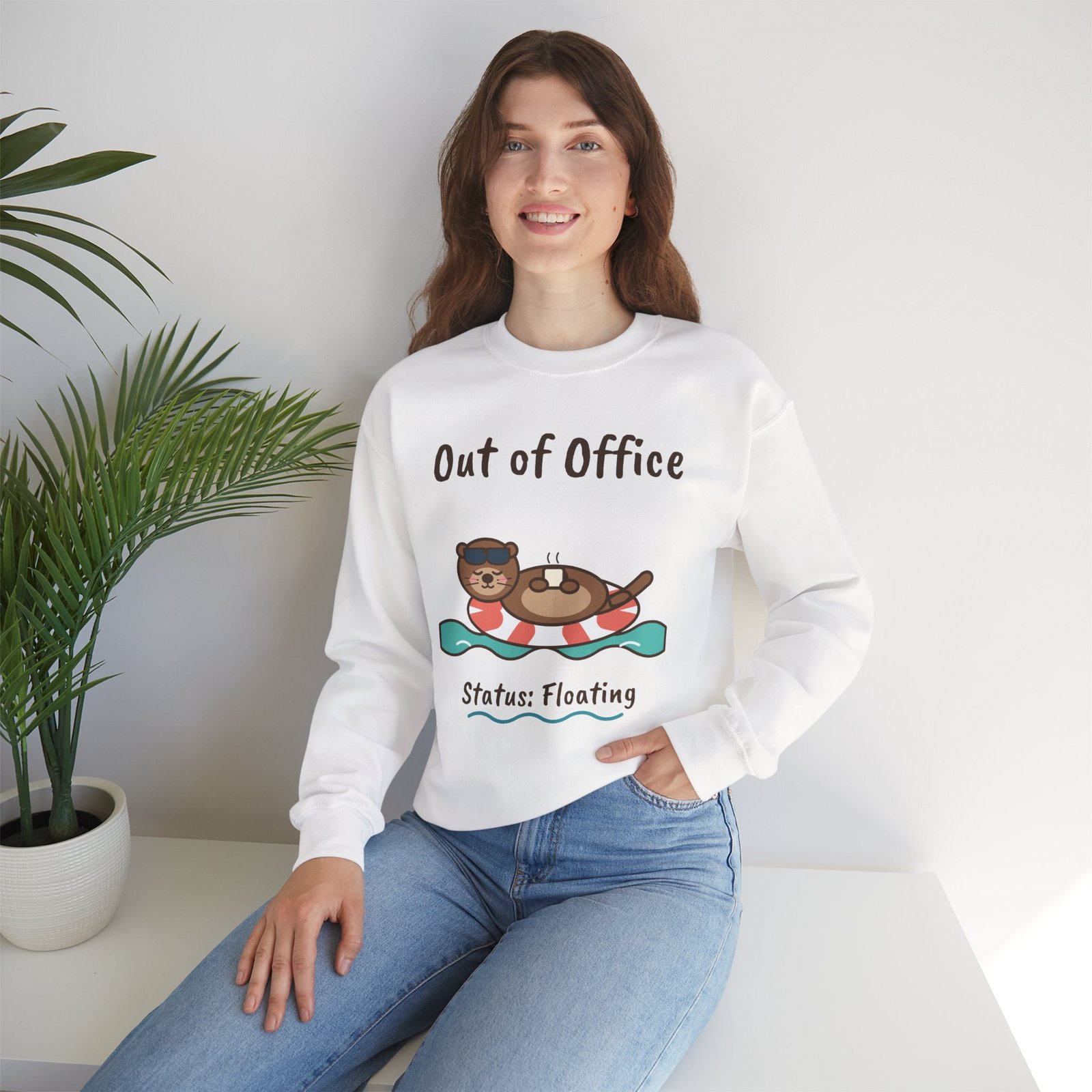 Out of Office: Floating Crewneck Sweatshirt | Funny Otter Vacation Gift - Image 4