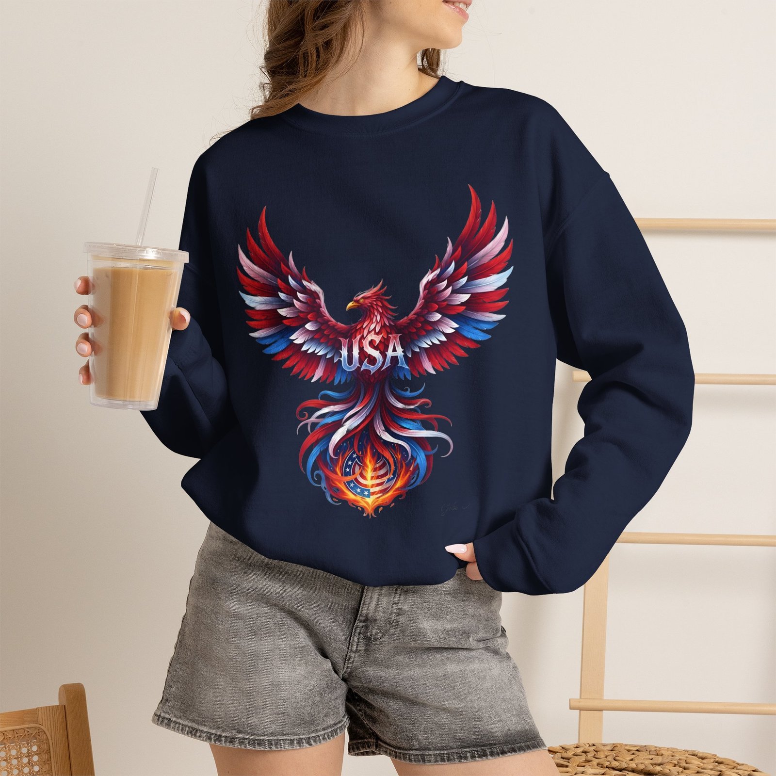 Patriotic Eagle American Flag Colors USA Crewneck Sweatshirt - Image 9