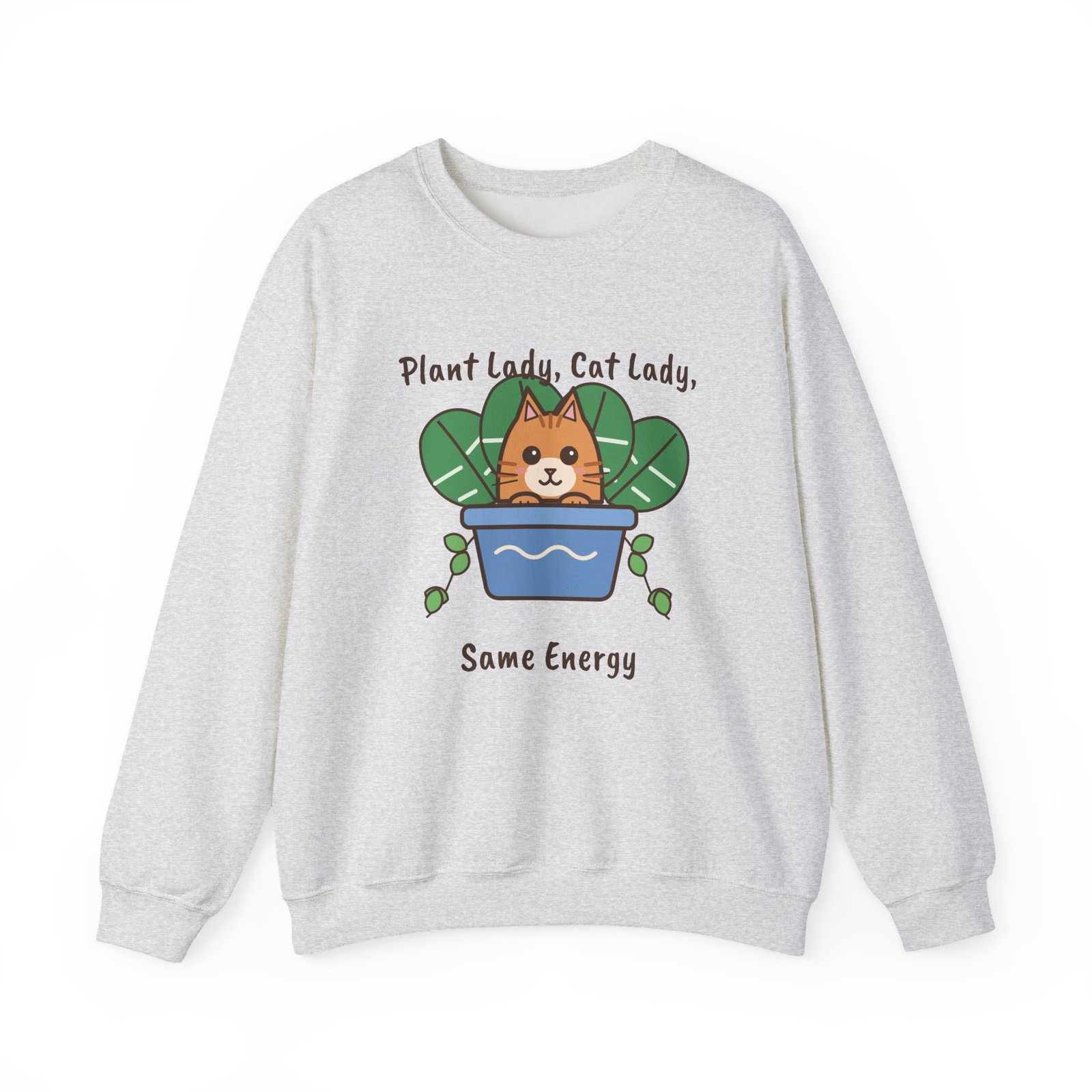 Plant Lady, Cat Lady, Same Energy Crewneck Sweatshirt | Cute Cat and Houseplant Gift - Image 3
