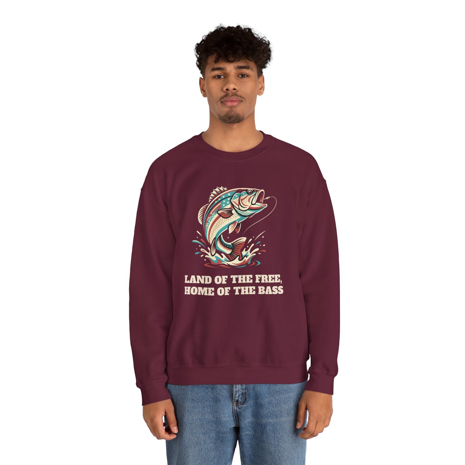 Land of the Free, Home of the Bass Crewneck Sweatshirt | Patriotic Fishing Gift - Image 6