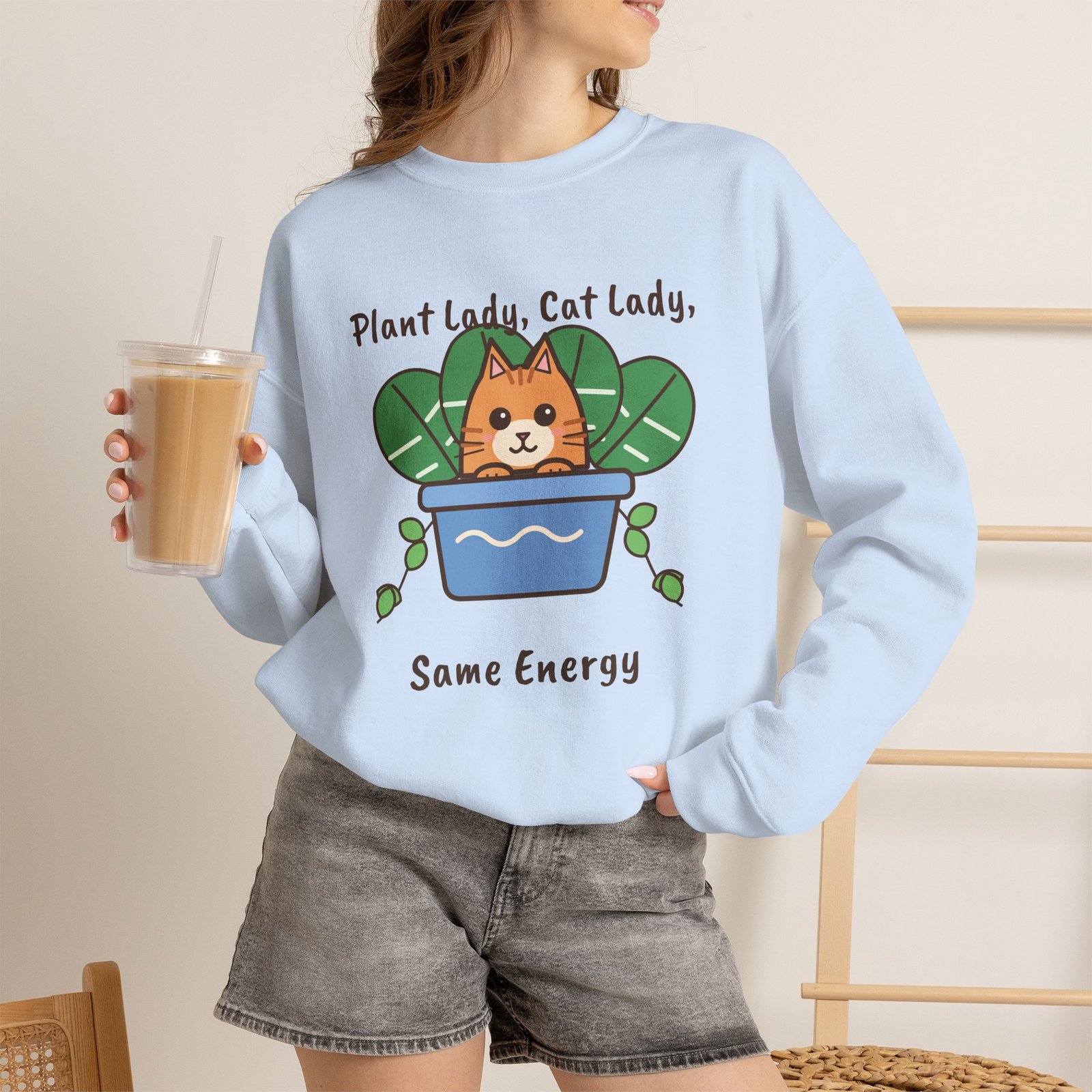 Plant Lady, Cat Lady, Same Energy Crewneck Sweatshirt | Cute Cat and Houseplant Gift - Image 10