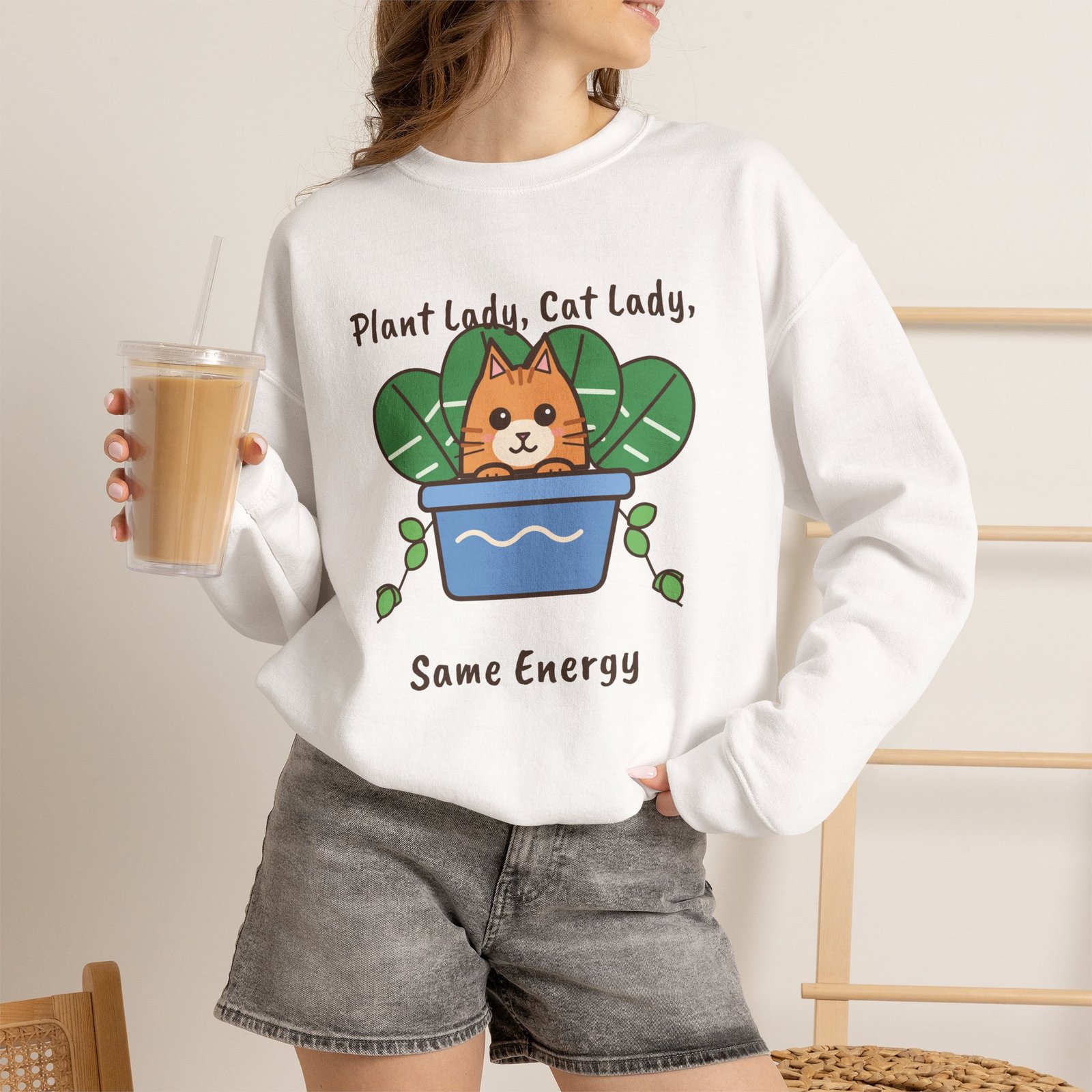 Plant Lady, Cat Lady, Same Energy Crewneck Sweatshirt | Cute Cat and Houseplant Gift - Image 2