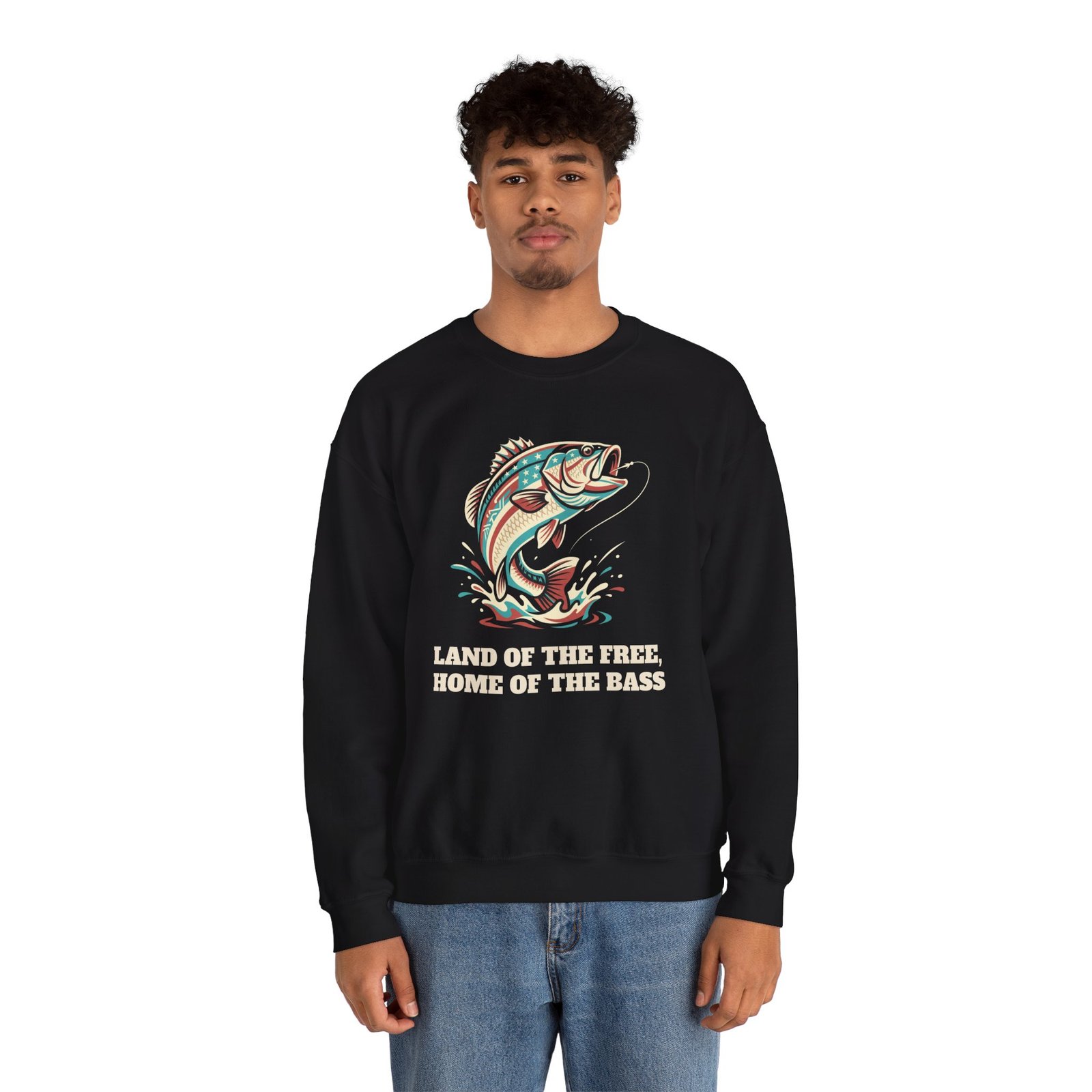 Land of the Free, Home of the Bass Crewneck Sweatshirt | Patriotic Fishing Gift - Image 2